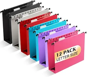SHUTEX Extra Capacity Plastic Hanging File Folders,12 Pack,Letter, 6 Colors
