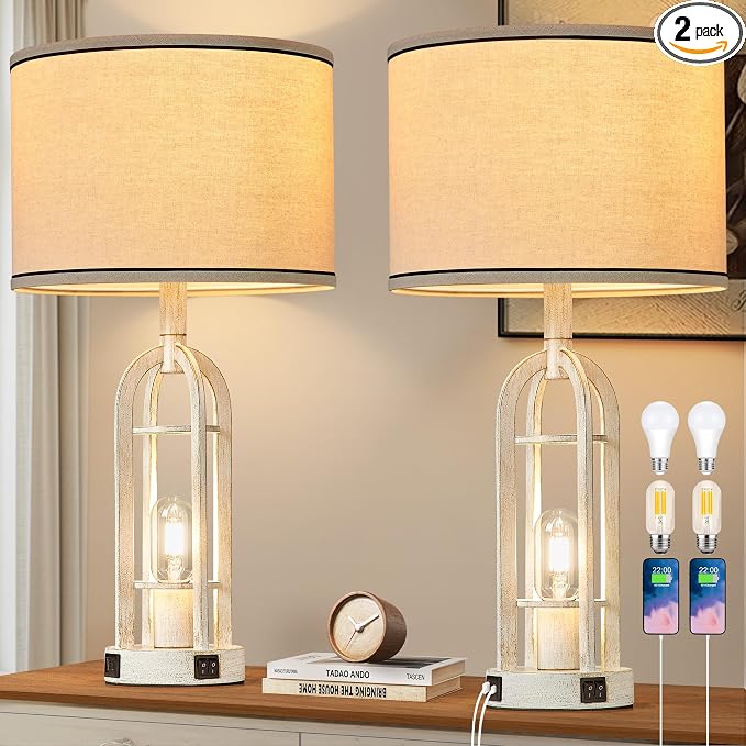 SRJJA 24" Farmhouse Table Lamps for Living Room Bedroom Set of 2, USB A+C