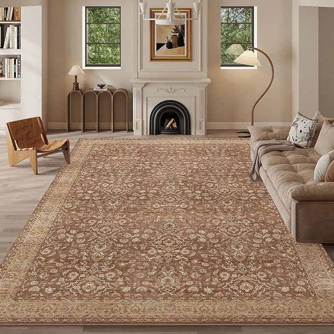8x10 Reddish Brown Washable Area Rug for Living Room, Vintage Print